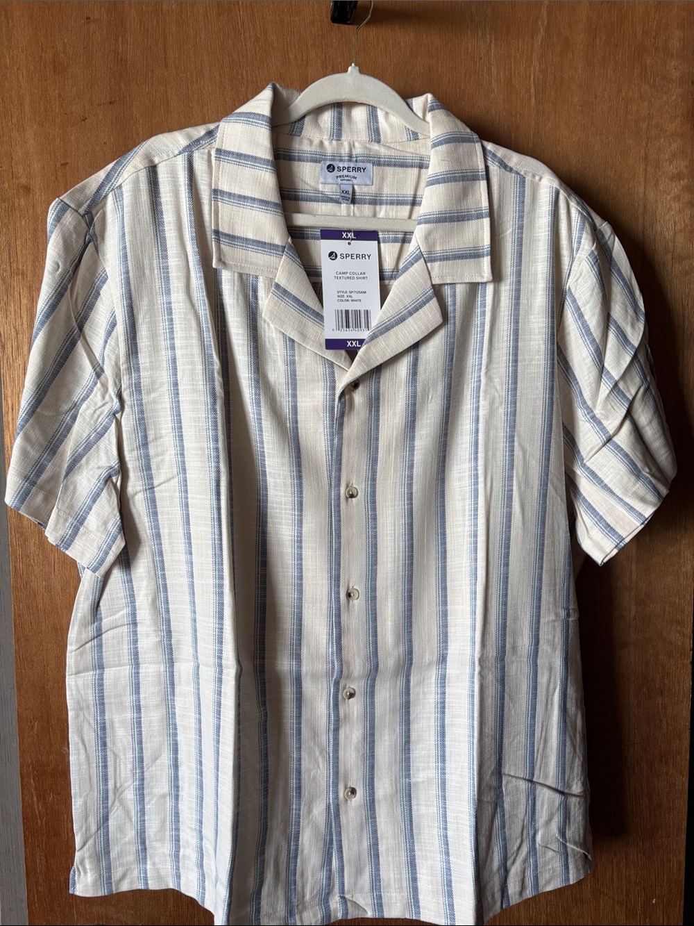Sperry Men’s White & Blue Stripe Camp Collar Shirt - XXL